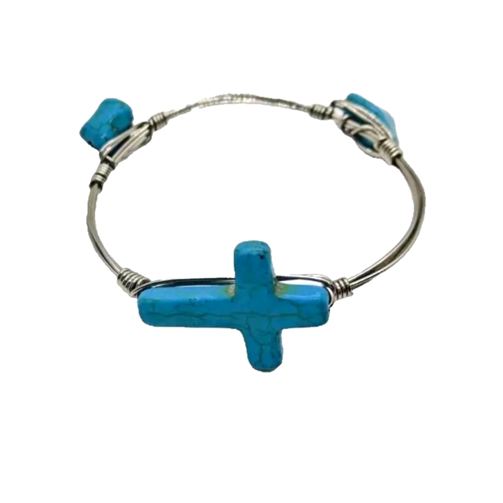 Women's Bangle Bracelet Faux Turquoise Cross and Stones Wire Wrapped Silver Tone